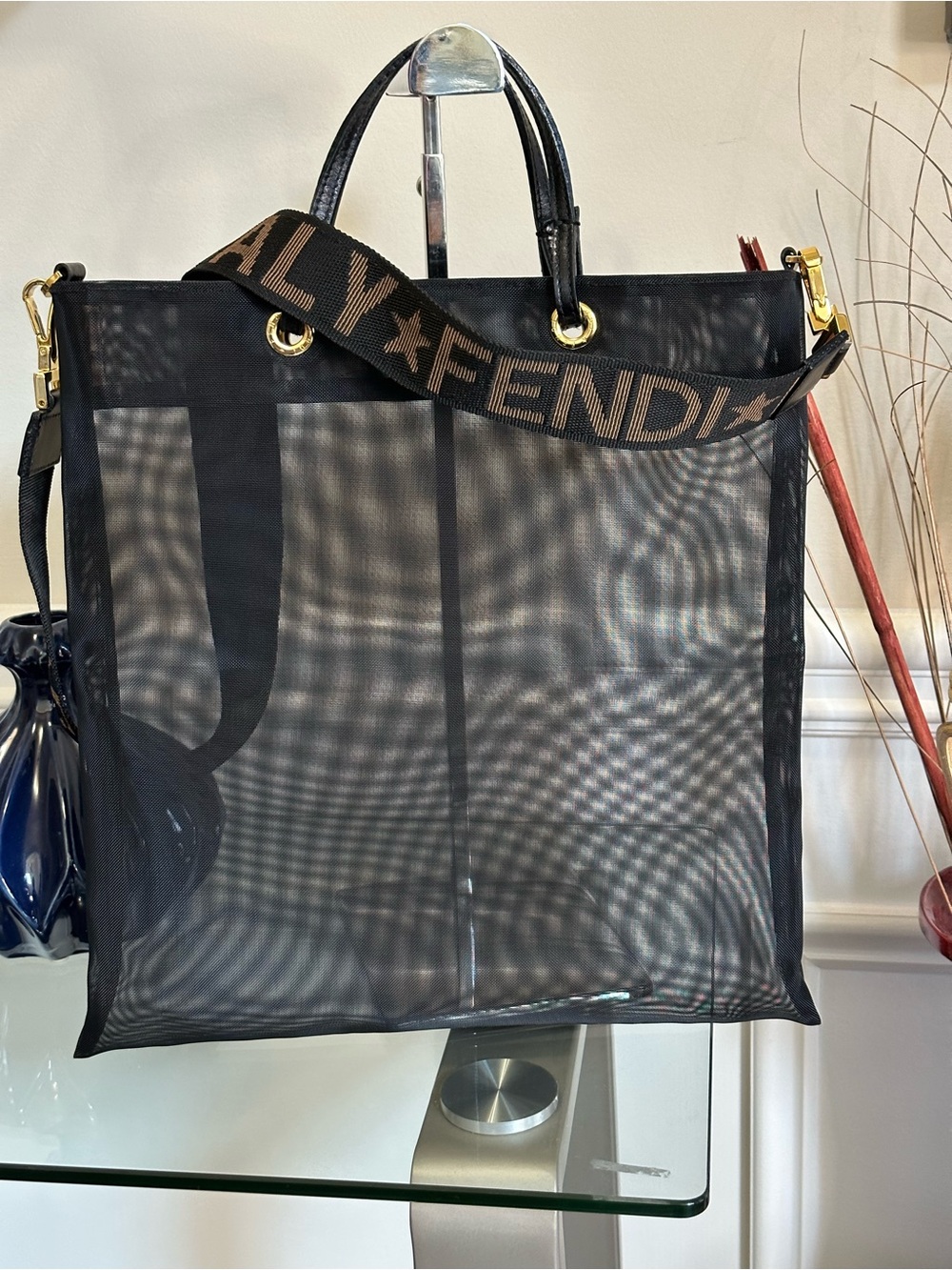 Fendi Black Mesh Tote with Branded Brown Strap